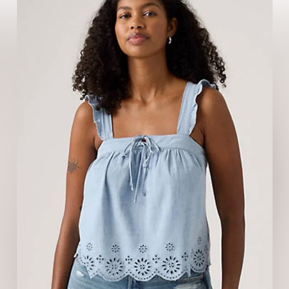 Levi's Light Cecilia Top Blue Eyelet Tie-Front Camisole Size M 100% Cotton